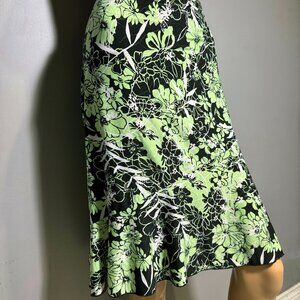 Vintage Floral Midi Skirt Y2K Minty Lime Green & Black Botanical Print